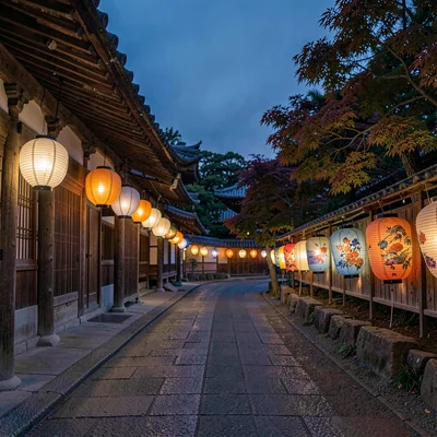 Through the textile eye of Kyoto, woven and dyed, Paper lanterns glowing along a