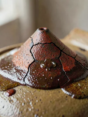 Tenmoku breaking iron-red across the crest of a wheel-thrown ridge, glaze poolin