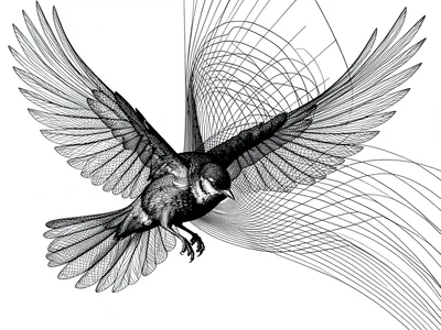 A portrait of a bird in flight, its wings and body implied by the direction chan