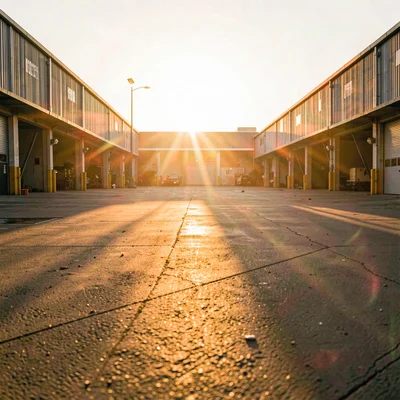 Warehouse loading docks bathed in warm amber light