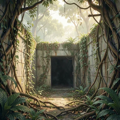 Painterly mission vista of a misty jungle bunker with vines reclaiming the walls