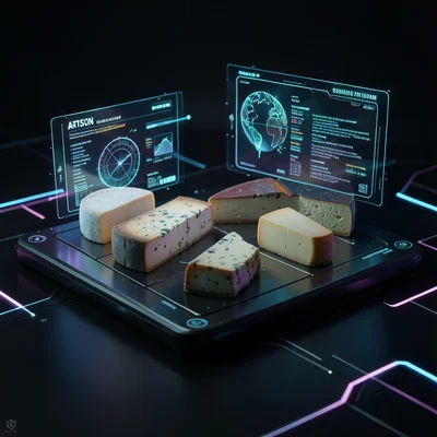 Artisan cheese platter where each cheese is a glowing holographic data visualiza
