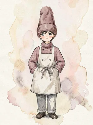 Apron-tied dusty-rose knit chef figure with a tall mohair toque, on cream sweep