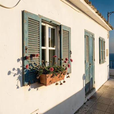Mediterranean summer photograph, August dry heat, Shuttered windows on a white b