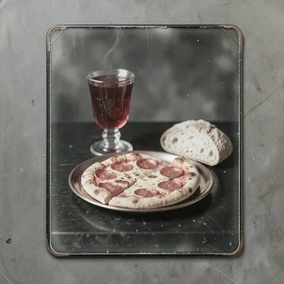 A slice of pepperoni pizza on a pewter plate with a goblet of red soda and a cru
