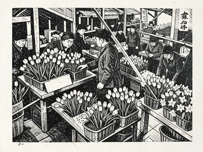 A mokuhanga print of a flower market — vendors behind tables of tulips and daffo