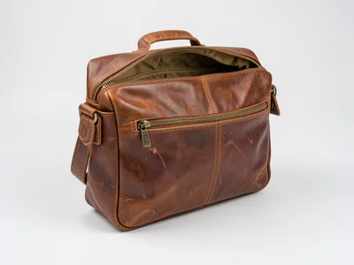A leather weekender bag, slightly worn, zippers open showing the interior lining