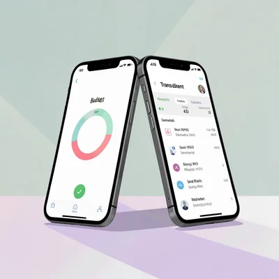 Flat UI hero composition of two phones leaning back to back, one showing a budge