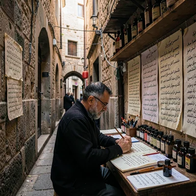 Historic medina photography, labyrinthine old city, A calligrapher at work in hi