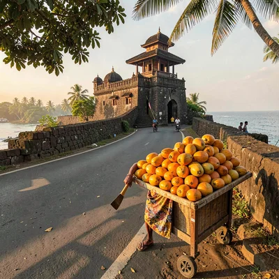 Galle fort golden hour, Dutch colonial tropical, King coconut seller by road, br