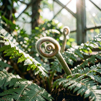 Botanical macro of an unfurling crozier on a tree fern, fine fuzz on the spiral,