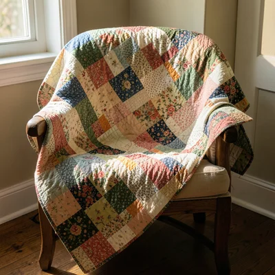 Patchwork quilt draped over chair, afternoon light, mixed vintage fabrics
