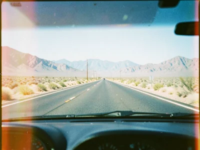 A road trip shot through a windshield — desert highway stretching to mountains, 