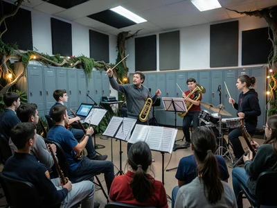 A music teacher in a school band room, conducting a rehearsal of middle schooler