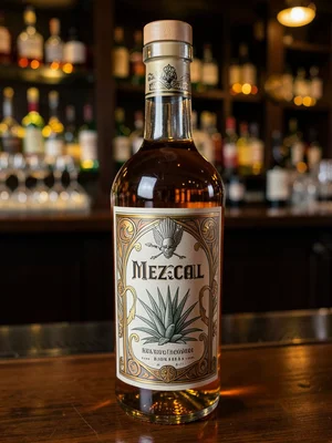 Mezcal bottle with Art Nouveau label design, agave motifs, amber liquid, bar set