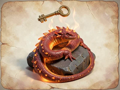Sinuous fire-salamander with smoldering orange-red hide and tiny ember-flecks al