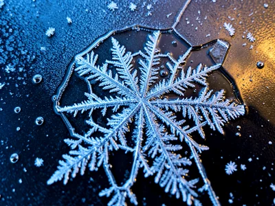 Thin ice sheet on a puddle, trapped air bubbles and internal stress cracks creat