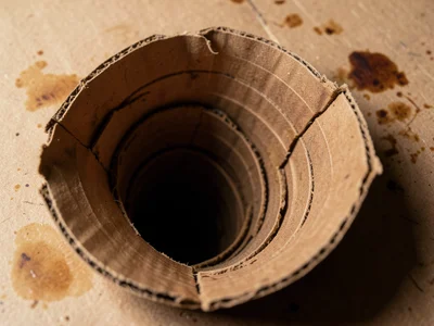 Cardboard tube interior, spiral-wound construction visible, helical seam line sp