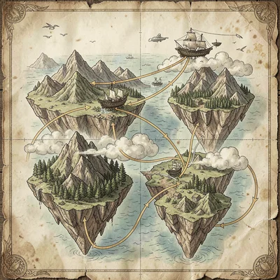 Fantasy map illustration, a floating islands map with airship routes and clouds 