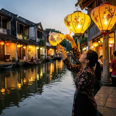 Hoi An lantern glow, silk amber on water, woman hanging freshly painted lantern 