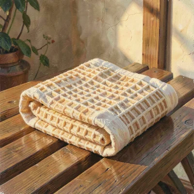 Warm product portrait of a waffle weave towel folded on a wooden bench, gentle l