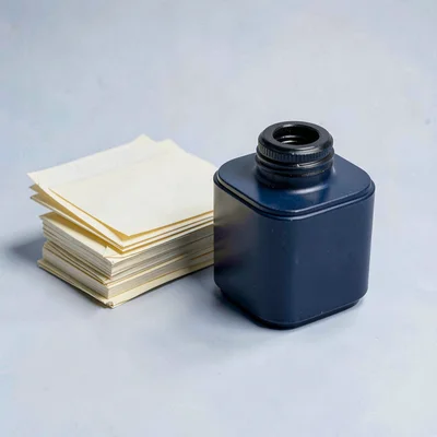 Block-color product render of an inkwell beside a stack of folded letters, butte
