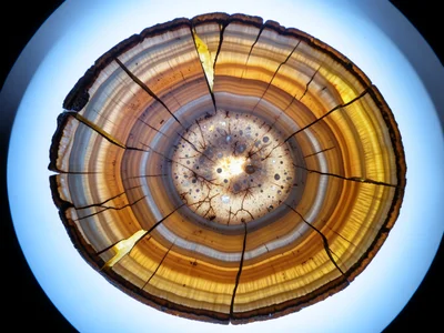 Septarian nodule cross-section, brown exterior cracked into segments with yellow