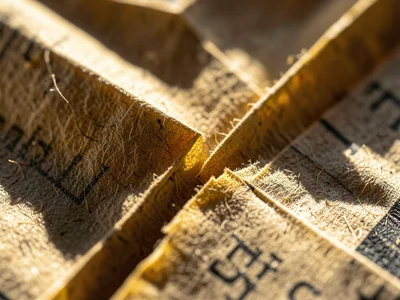 Extreme macro of paper fiber separation at a sharp fold in old newspaper, yellow