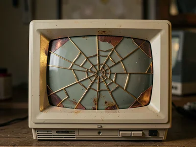 Vintage CRT monitor with spiderweb cracks filled with copper, warm patina on bei