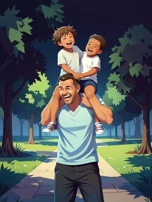 Father carrying child on shoulders through park, both laughing, summer day
