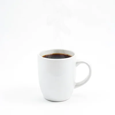 Coffee mug with steam, white ground