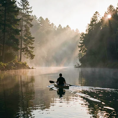 Vertical atmospheric photo of a paddler silhouette gliding into a misty cove at