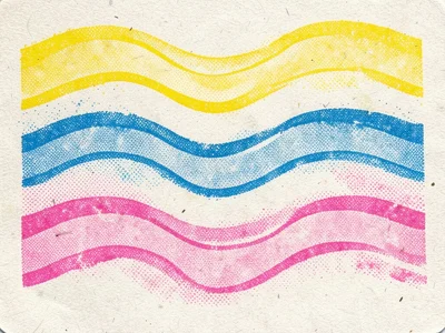Hand-drawn wavy lines in three colors — yellow, blue, and pink — each pass sligh
