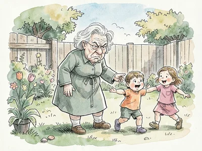 Grumpy woman shooing children from garden