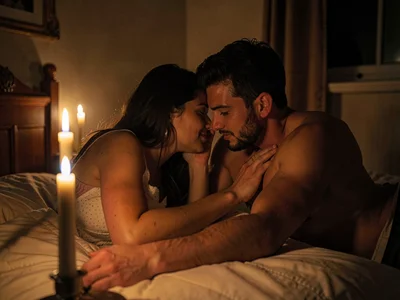Lovers in candlelit bedroom, intimacy in shadow, the soft focus of flame-light
