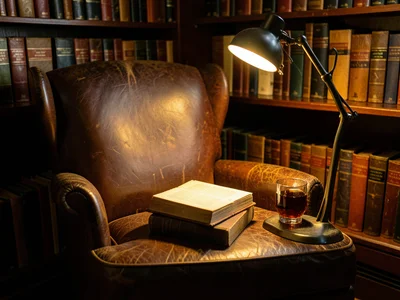 A private library corner: wing chair, reading lamp, a book face-down on the armr
