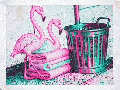 Folded lawn flamingos and pool noodles stacked beside a metal trash can at the c