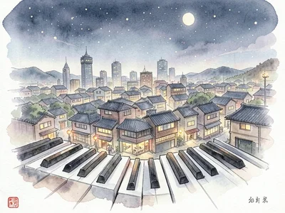 Small city skyline growing from piano keys, lights twinkling at night