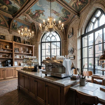 Medieval-modern temporal collision, Ghent layers, Coffee shop espresso machine i