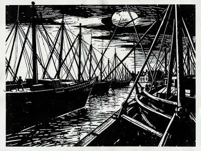 Harbour at night, mast lines as harsh scratched diagonals, water black