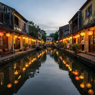 Hoi An lantern glow, silk amber on water, silk lanterns reflected in still canal