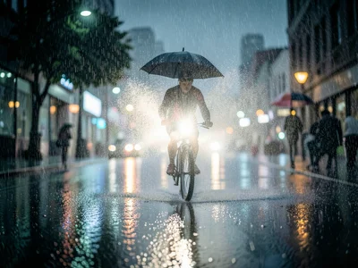A cyclist in the rain, spray from the rear tire, headlight creating a cone of vi