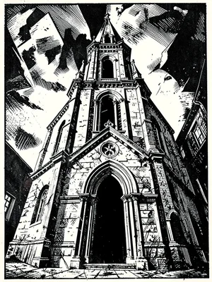 Church facade looming above, distorted perspective, doorway a dark void