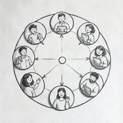 hand-drawn weekly conversation circle diagram, simple icons