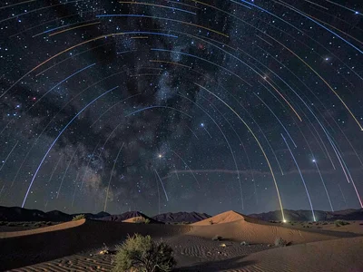 Half-night exposure showing half arcs