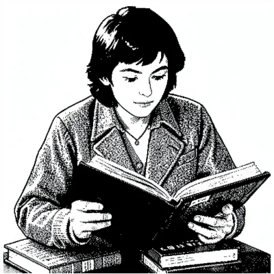 1-bit dithered illustration, person reading book , black and white only, dither 