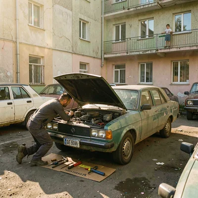 Post-Soviet urban photography, A man repairing a Lada automobile in a courtyard 