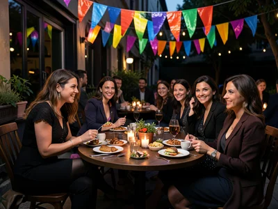 Community gathering at outdoor cafe with rainbow decorations, brunch