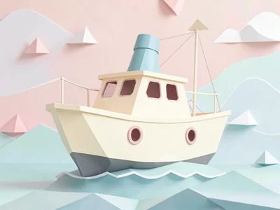 Chubby cream lowpoly tugboat with a sky-blue funnel and dusty-pink portholes, pa