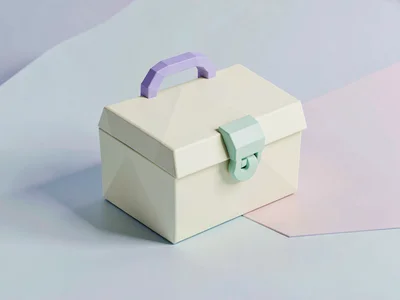 Latched cream lowpoly toolbox closed with chunky mint clasps and a faceted laven